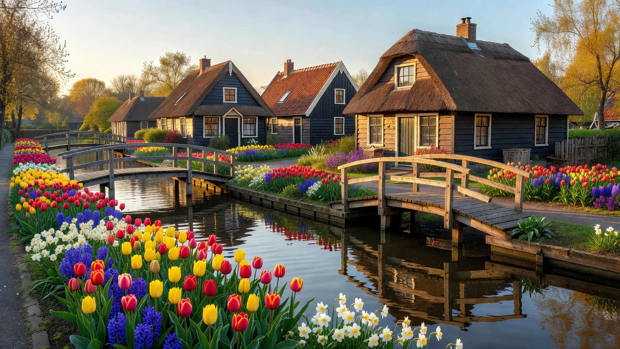 Beautiful Dutch canal lined with flowers, thatched roof farmhouses and wooden bridges