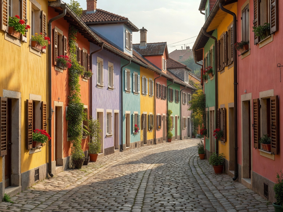 Charming colorful village buildings along a narrow European cobblestone street