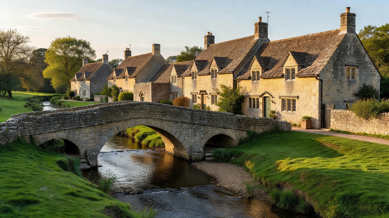 Cotswold stone cottages and Bybrook river bridge in Castle Combe village