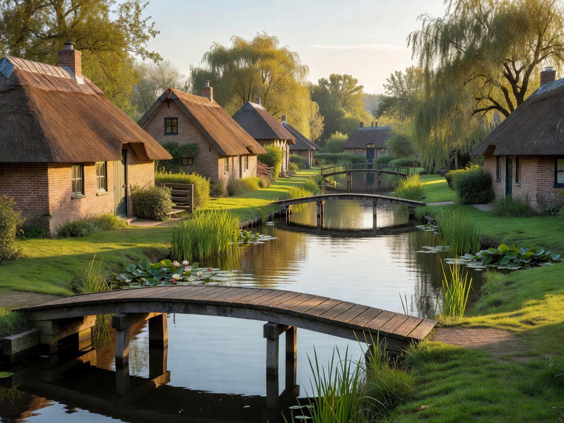 Giethoorn village canals with historic thatched roof cottages and wooden bridges