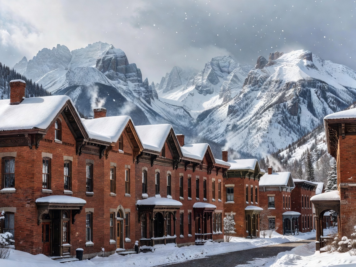 Historic Victorian brick buildings against dramatic snowy Colorado mountain peaks in Telluride