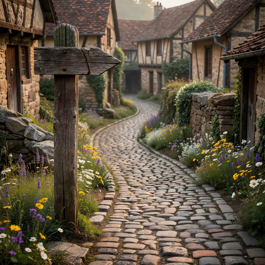 Old wooden signpost pointing towards a cobblestone path in Europe