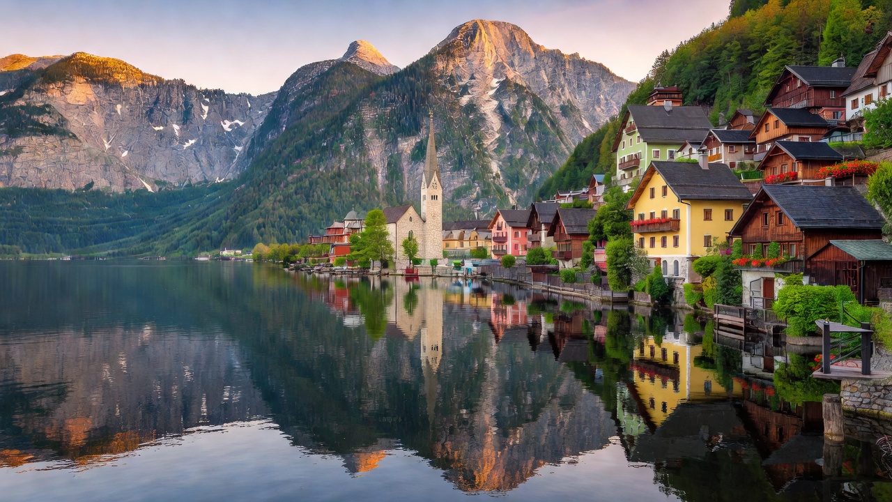 Panoramic view of Hallstatt village reflecting on calm lake water