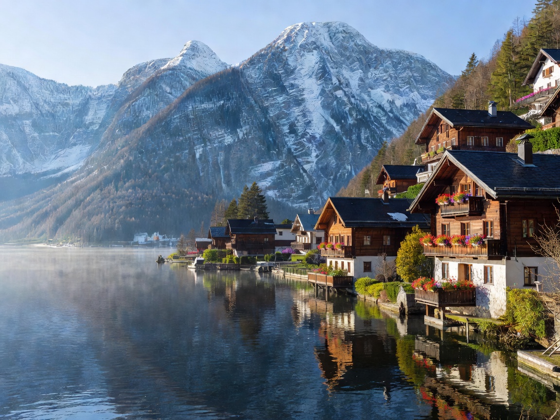 Scenic view of Lake Hallstatt with wooden alpine chalets under mountain peaks