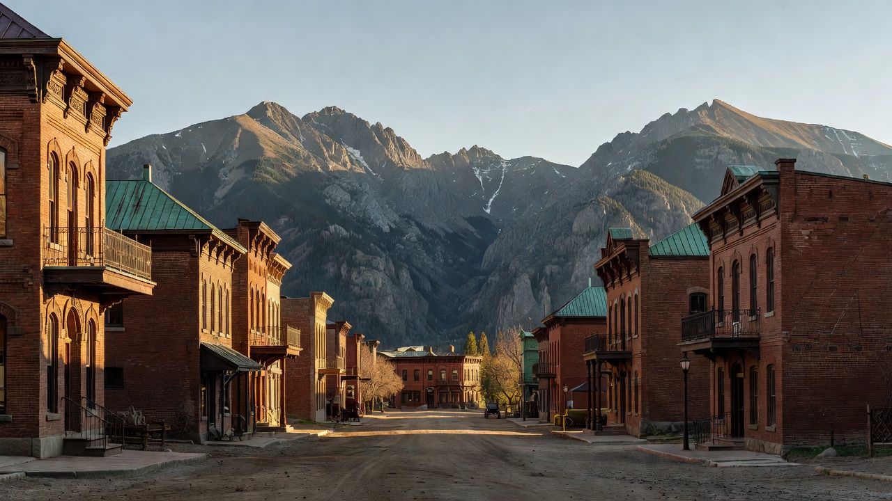 Victorian brick main street framed by towering Colorado rocky mountains