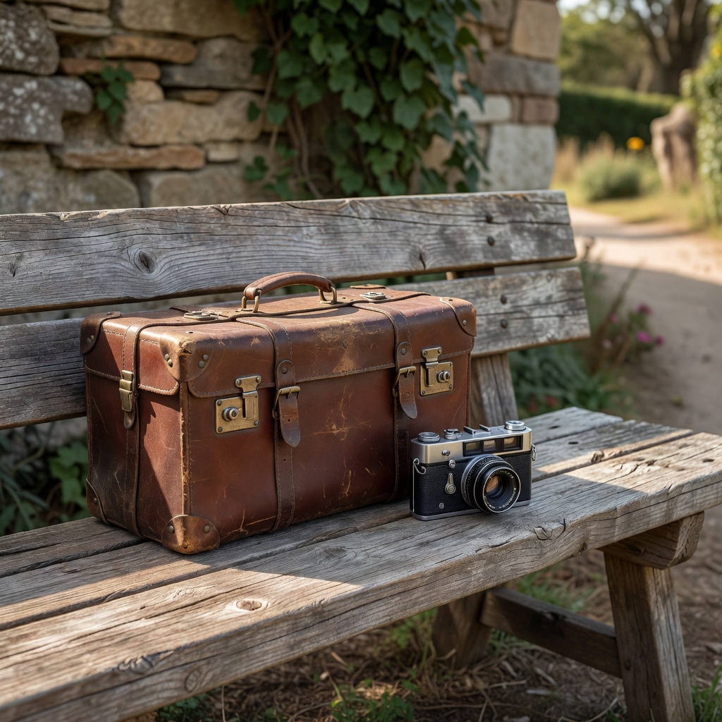 Vintage leather suitcase and camera sitting on a rustic wooden bench